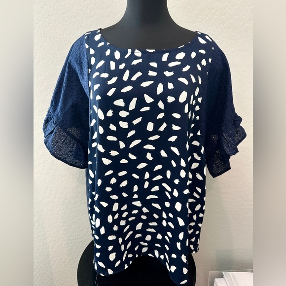 Umgee Navy Dalmatian Print Mixed Media Top - Picture 2 of 6